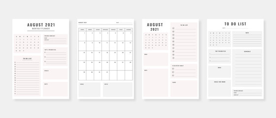 August 2021 - Planner. Modern planner template set. Set of planner and to do list. Monthly, weekly, daily planner template. Vector illustration.