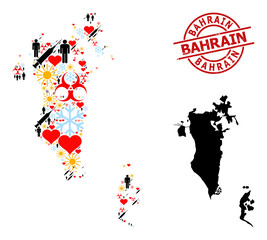 Rubber Bahrain stamp seal, and frost demographics Covid-2019 treatment mosaic map of Bahrain. Red round stamp seal contains Bahrain text inside circle. Map of Bahrain mosaic is created with frost,