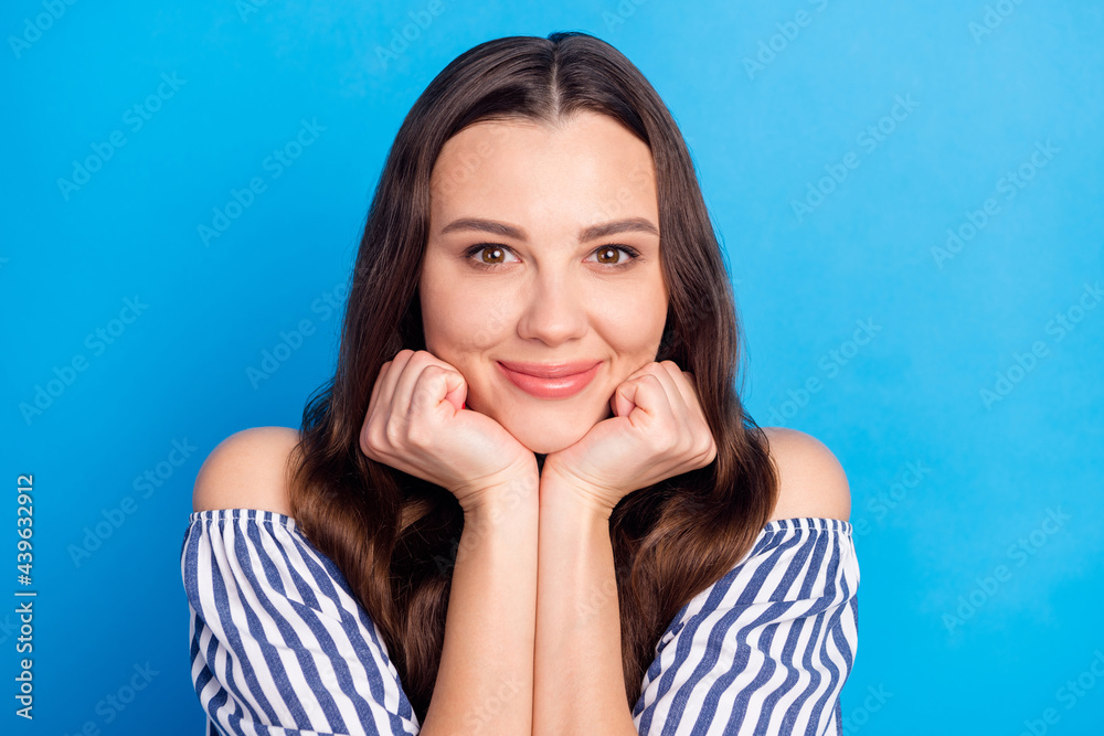 Sticker Photo of pretty sweet young lady wear off-shoulders clothes arms chin cheeks smiling isolated blue color background