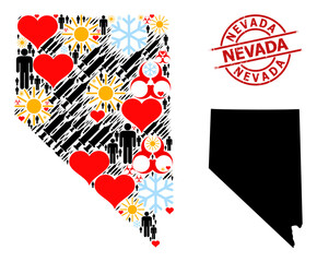 Grunge Nevada stamp seal, and heart humans inoculation mosaic map of Nevada State. Red round stamp has Nevada caption inside circle. Map of Nevada State mosaic is composed from snow, sunny, heart,