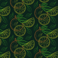 The pattern. Natural fruits, vitamin juice. Vegan cuisine organic fruit or vegetarian food. Illustration of orange and lemon .