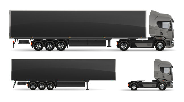 Cargo Trailer Truck vith container vector mockup template isolated on white background.  Blank Delivery Truck Trailer mockup for corporate brand identity and advertising design. Realistic semi truck