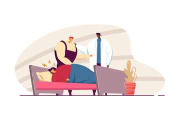 Husband calling doctor in for sick wife. Woman suffering from headache in bed, medical professional comforting man flat vector illustration. Healthcare, medicine concept for banner, website design