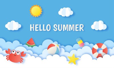 hello summer on blue sky background. paper art style. vector Illustration.