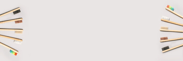 Set of ecology toothbrush on grey background. Different color. Diversity concept. Sustainable mouth product. Zero waste lifestyle. Organic accessory group. Dental health at home. Biodegradable recycle