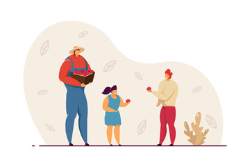 Happy family picking apples together. Mother holding box of fruits, boy and girl with apples flat vector illustration. Gardening, agriculture concept for banner, website design or landing web page