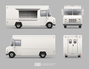 White Food Truck Hi-detailed vector template for Mock Up Brand Identity. Cargo truck. Realistic Delivery Service Vehicle isolated on grey background for Advertising design