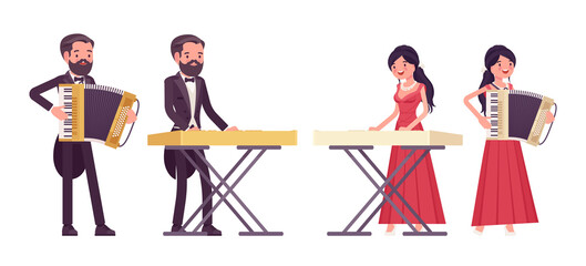 Musician, man, woman playing accordion, synthesizer keyboard instruments. Classical music event, concert, wedding party performance. Vector flat style cartoon illustration isolated, white background