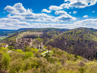 Fototapeta na wymiar Aerial drone panorama view of medieval castle Boskovice. Ruin of ancient stronghold placed at hill in South Moravia region, Czech Republic. Summer day with blue sky.