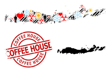 Distress Coffee House stamp seal, and frost people syringe mosaic map of Indonesia - Flores Islands. Red round seal includes Coffee House tag inside circle.