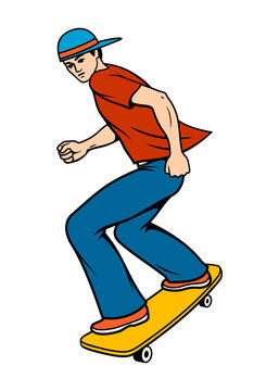 Young Man Rides on Skateboard. Vector clipart.