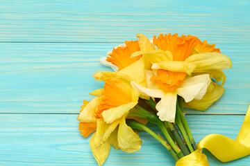 Yellow daffodils flower on blue wooden background