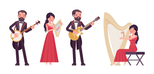 Musician, elegant man, woman playing professional plucked string instruments. Classical music event, concert, wedding performance. Vector flat style cartoon illustration isolated, white background