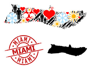 Scratched Miami stamp seal, and sunny people infection treatment mosaic map of Molokai Island. Red round stamp seal has Miami caption inside circle.