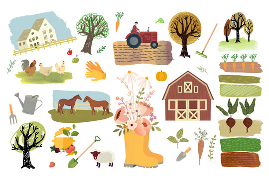 Organic farming, agriculture and gardening. Set of vector illustration elements of organic food production, agronomy, nature, country life for graphic and web design. 