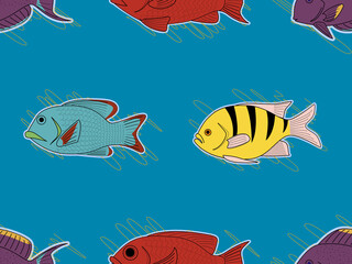 Tropical coral cartoon fishes seamless on blue. Vector illustration.