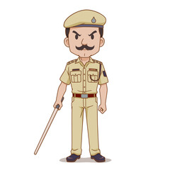 Cartoon character of Indian police holding baton.
