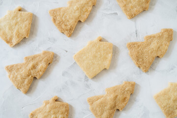 Flat lay of gingerbread with shape of christmas tree and houses