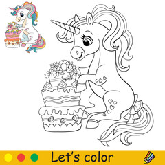 Cartoon cute sitting unicorn with cake coloring © alinart