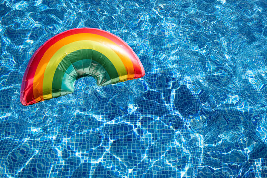 Rainbow Balloon On Wavy Water Surface Of Swimming Pool. Concept Of Lgbti. Background. Copy Space.