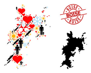Fototapeta na wymiar Rubber Boise stamp, and sunny customers infection treatment mosaic map of Komodo Island. Red round stamp contains Boise caption inside circle. Map of Komodo Island collage is constructed of winter,