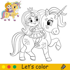 Cartoon cute girl riding a magical unicorn coloring