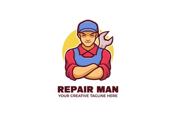 Repair Man Mechanical Mascot Character Logo Template