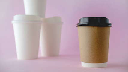 Recycle Paper Coffee Cup Mockup, Take Away Cup for Drinks Isolated on Pink Background with White Paper Coffee Cup Background.