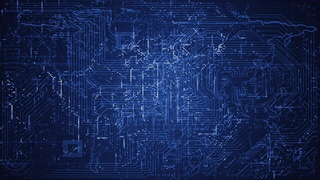 Technological background.World map, motherboard,lines and dots animation. Type 2