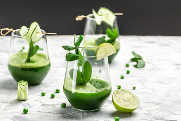 Fresh Juice Smoothie Made with Organic Greens and Limes, Detox smoothie, green fresh peas,...