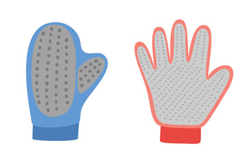 Pet Hair Remover Brush Gloves. Pet grooming tools set. Dog and cat care, grooming, hygiene, health, accessories, vets. Pet shop. Flat vector illustration isolated on white background