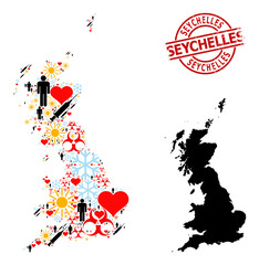 Fototapeta na wymiar Grunge Seychelles seal, and frost people inoculation mosaic map of Great Britain. Red round seal has Seychelles title inside circle. Map of Great Britain mosaic is done from frost, sun, lovely, man,