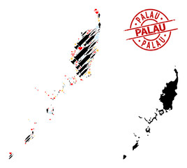 Distress Palau stamp seal, and spring men vaccine mosaic map of Palau Islands. Red round stamp seal has Palau caption inside circle. Map of Palau Islands collage is composed from snow, weather,