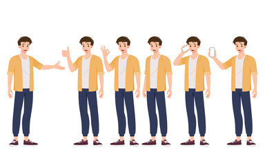 Collection of smiling handsome young man in different gesture style standing isolated on white background. Set of guys in various pose action of teenager.