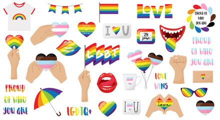A set of stickers, an LGBTQ icon set. Symbols associated with pride Month in LGBT flag colors. Lips, hand holding a heart, flags, umbrella, glasses, lettering, rainbow. Vector. Isolated on white. - obrazy, fototapety, plakaty