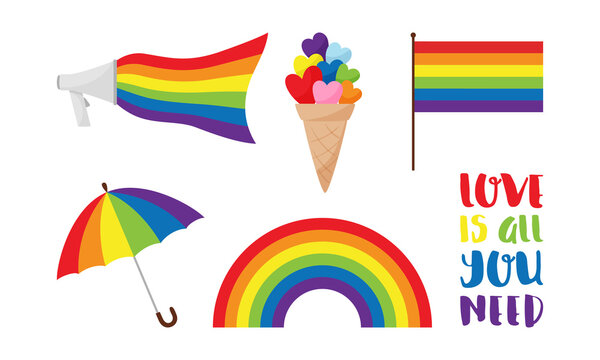A set of stickers for Pride month, LGBTQ. Mouthpiece with rainbow in LGBT colors, umbrella, rainbow, flag, ice cream, lettering phrase-Love is all you need. Vector illustration isolated on white.