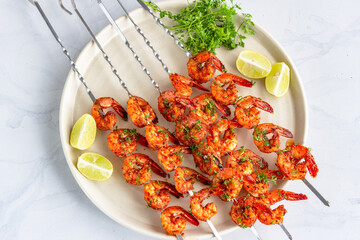Grilled Prawns on Skewers with Lime and Cilantro