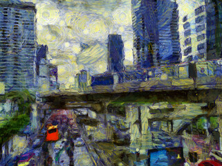 Landscape in the heart of Bangkok Illustrations creates an impressionist style of painting.