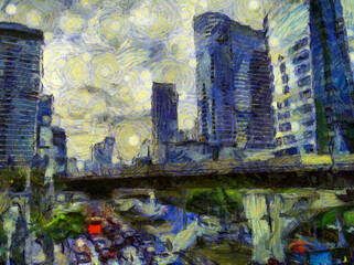 Landscape in the heart of Bangkok Illustrations creates an impressionist style of painting.
