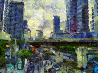 Landscape in the heart of Bangkok Illustrations creates an impressionist style of painting.