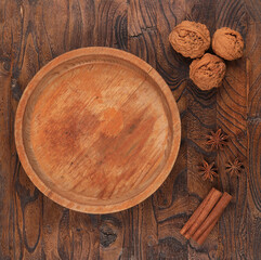 dining wooden plate on an old kitchen wooden table