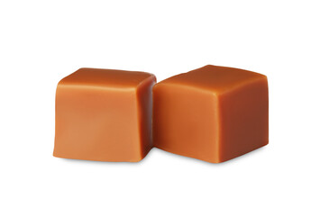 Two sweet caramel candies on white background
