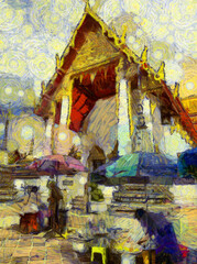 Wat Phra Chetuphon (Wat Pho), is located behind the splendid Temple of the Emerald Buddha Illustrations creates an impressionist style of painting.