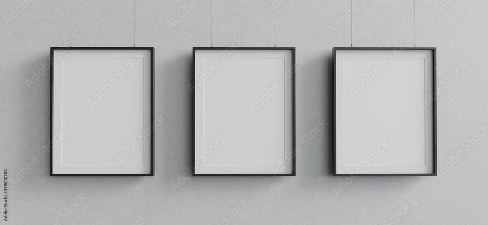 Poster three blank mockup posters hanging against concrete wall. 3d render. 3d image.