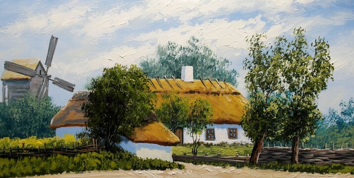 Oil paintings landscape, old village, rural house in the countryside. Fine art.