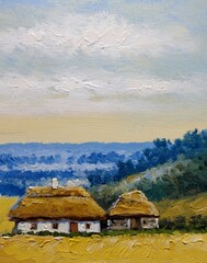 Oil paintings landscape, old village, rural house in the countryside. Fine art.