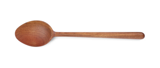Wooden spoon isolated on white, top view