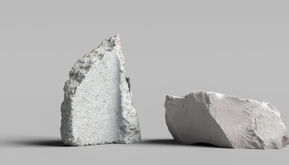 White concrete blocks, lump of stone product display background, object placement design mockup, 3d rendering piece of concrete elements
