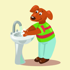 Illustration of a cute dog, washing hands in the sink. Cartoon illustration.