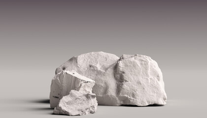 White stone isolated on gray room scene, piece of rock product presentation mockup, 3d rendering